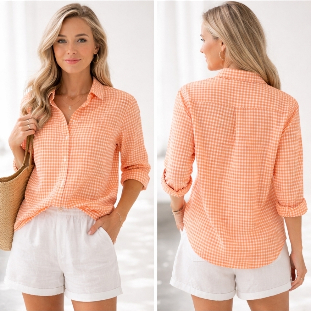 Foxcroft Orange Gingham Button Down Shirt Wrinkle Free Preppy Summer Top Size 6